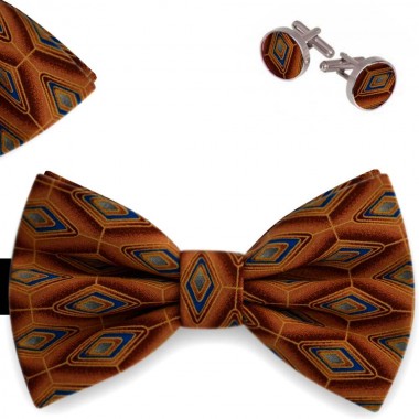 Set papion barbati, batista, butoni, brun deschis, imprimeu romburi